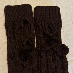 Chic Dark Brown Knit Leg Warmers with Pom Poms